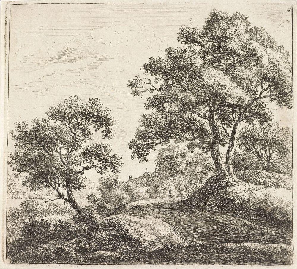 Man op een pad bij een dorp (1630 - 1765) by Anthonie Waterloo, Anthonie Waterloo, Cornelis Danckerts II and Josua and…