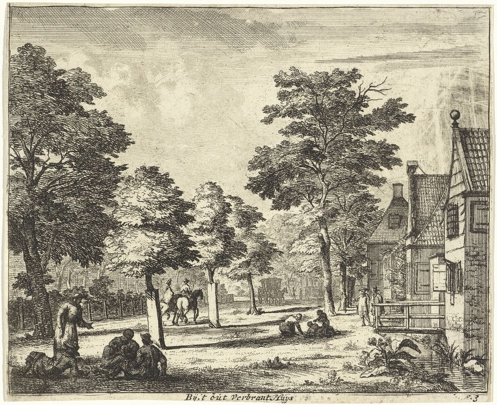 Zittende figuren langs een bomenrij en huizen (1688 - 1690) by Jan Vincentsz van der Vinne and Jan Vincentsz van der Vinne