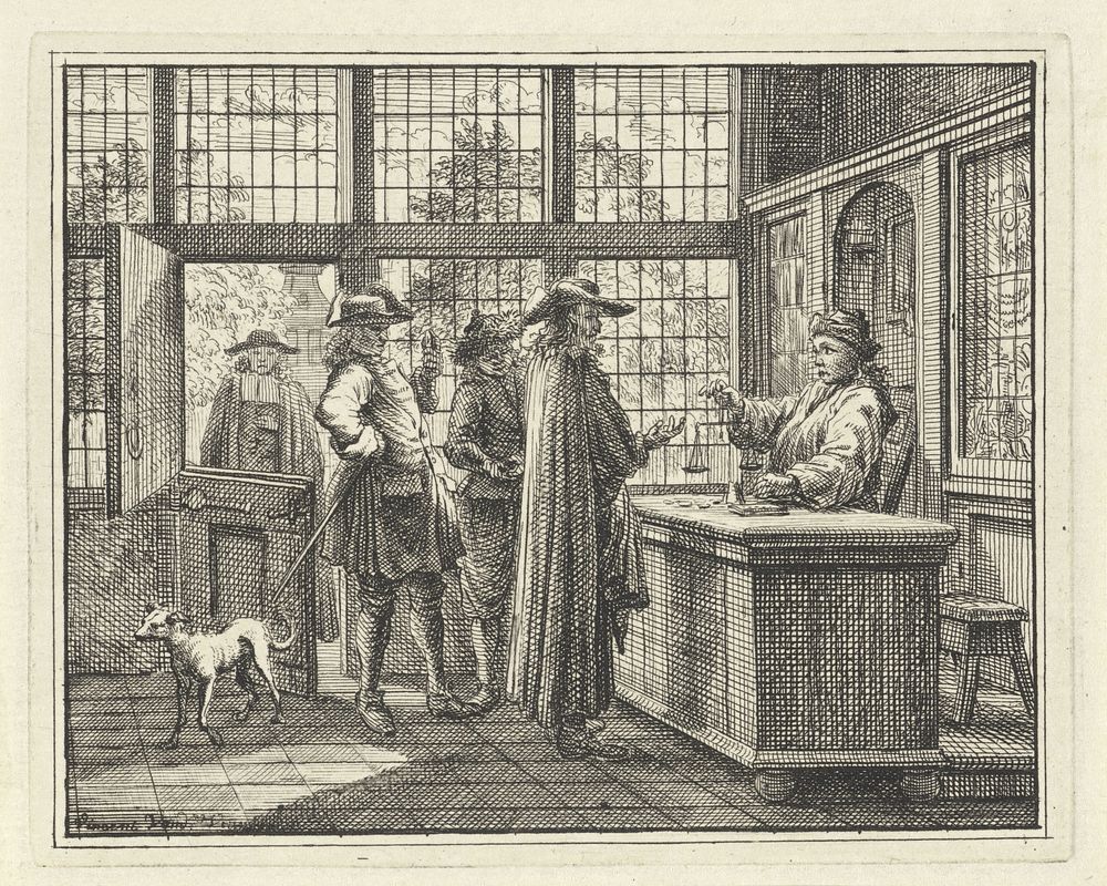 Interieur met goudweger en klanten (1758) by Vincent Laurensz van der Vinne II