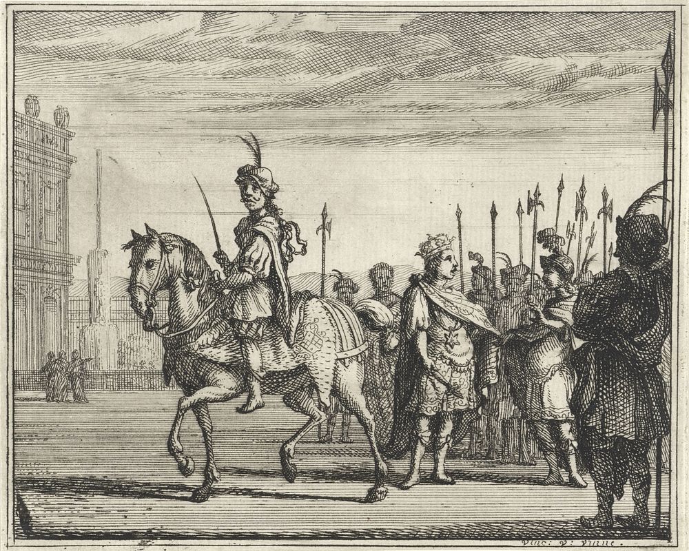 Knecht te paard en koning te voet (1714) by Vincent Laurensz van der Vinne II