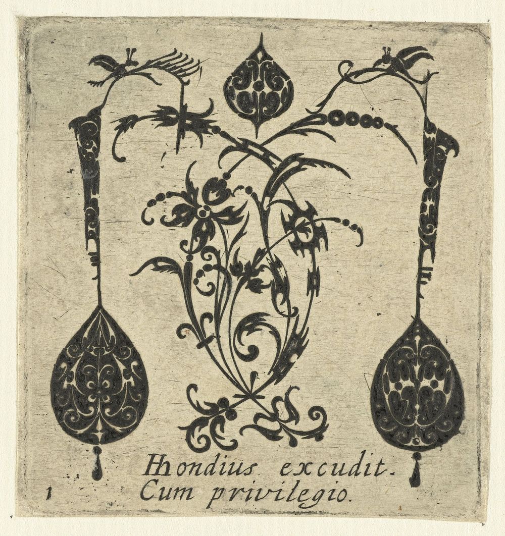 Ranken met rolwerk en drie ornamenten (1612) by anonymous, anonymous and Hendrick Hondius I