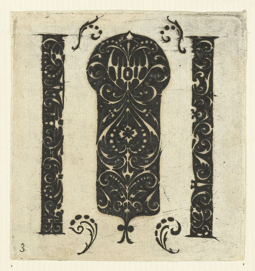 Band met rond uiteinde tussen twee verticale stroken (1612) by anonymous, anonymous and Hendrick Hondius I