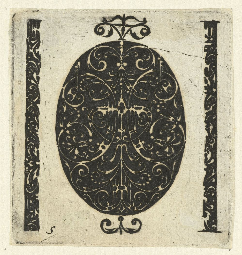 Groot ovaal ornament en twee verticale stroken (1612) by anonymous, anonymous and Hendrick Hondius I