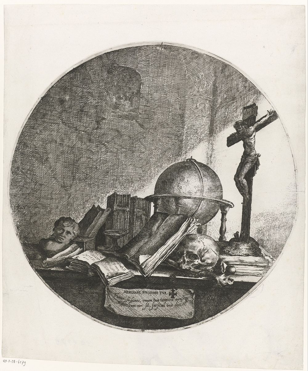 Vanitas met globe, crucifix, schedel en boeken (1628 - 1648) by Jan Matham, Jacob Matham and Jacob Matham