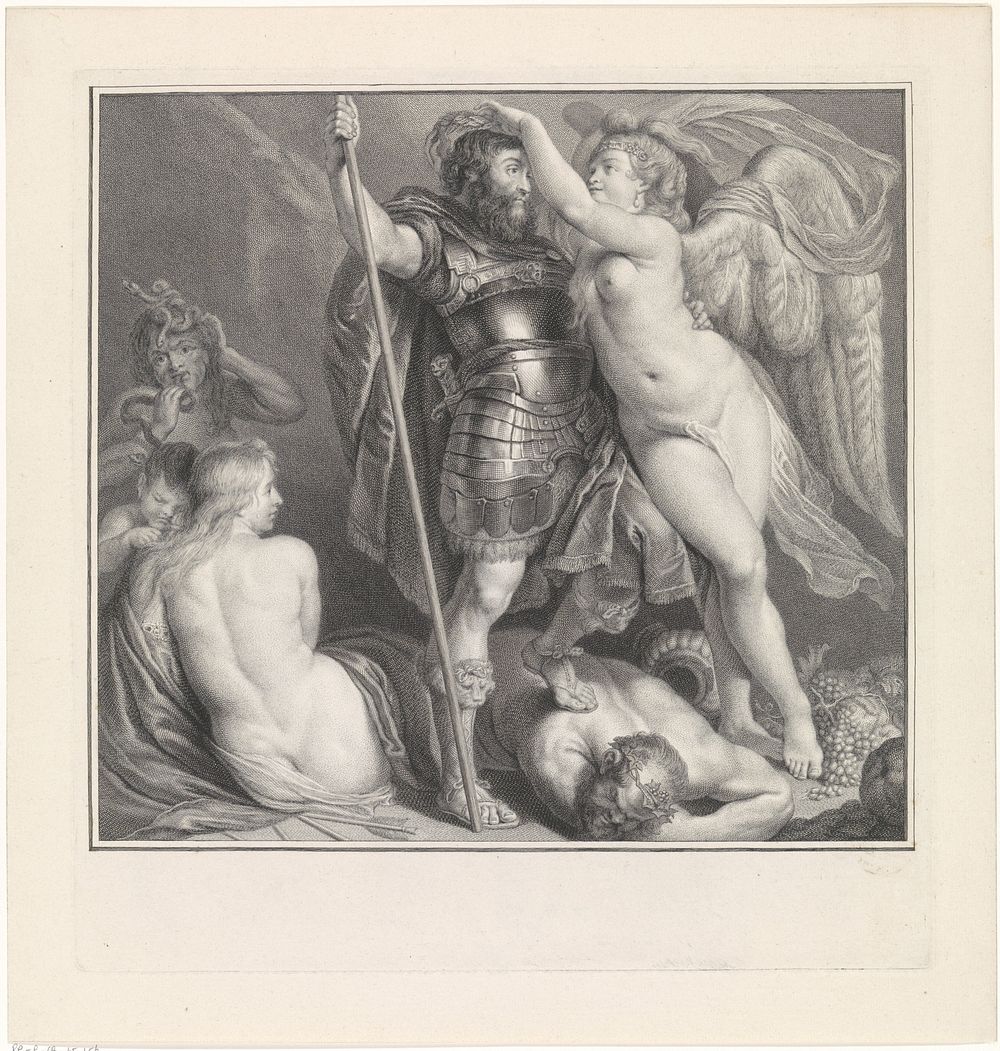 Victoria kroont een deugdzame held (1716 - 1761) by Pieter Tanjé, Peter Paul Rubens and Charles François Hutin