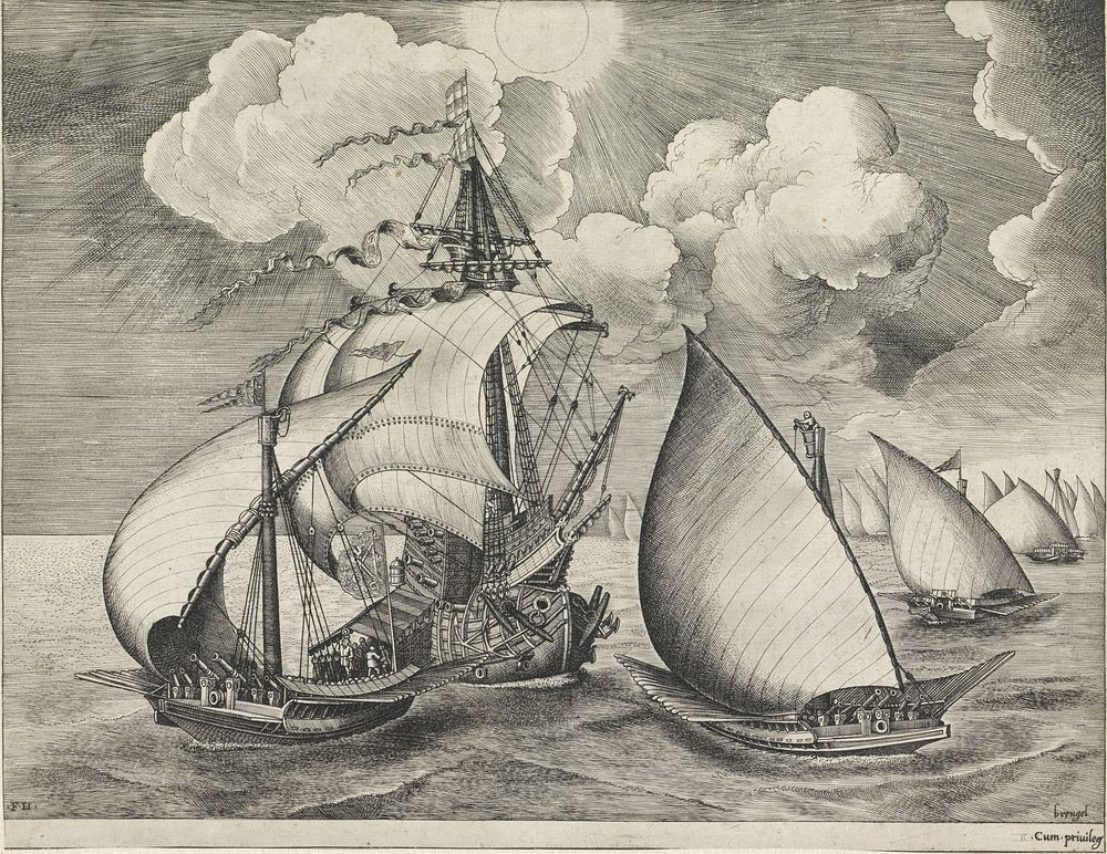 Een vloot bewapende galeien door een oorlogsschip vergezeld (1561 - 1565) by Frans Huys and Pieter Bruegel I