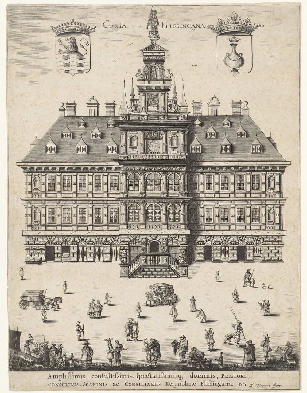 Gezicht op het Oude Stadhuis te Vlissingen (1647 - 1659) by Hendrik Udemans, Hendrik Udemans and burgemeesters schepenen en…