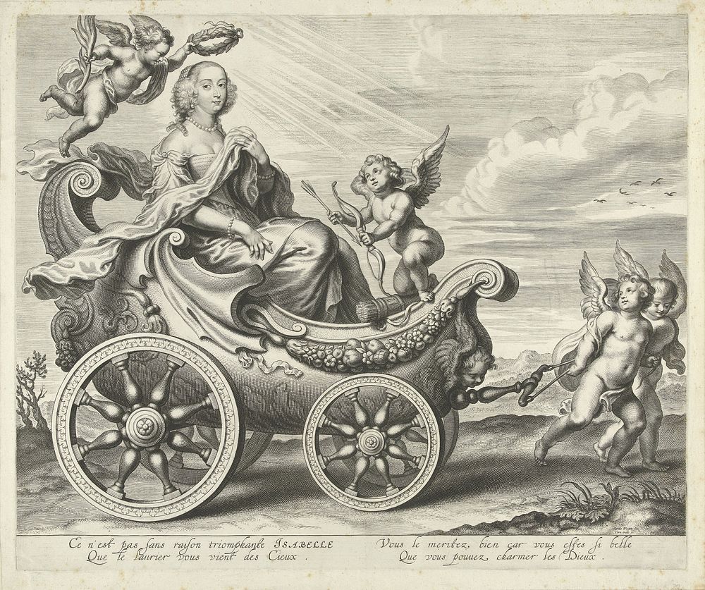Clara Isabella de Ligne-Arenberg (?) in een triomfwagen (c. 1640 - c. 1650) by Cornelis Galle I and Charles Wautier