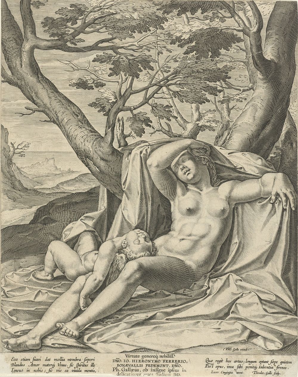 Slapende Venus en Cupido (1581 - 1612) by Theodoor Galle, Luca Cambiaso, Philips Galle and Hieronymus Ferrerio