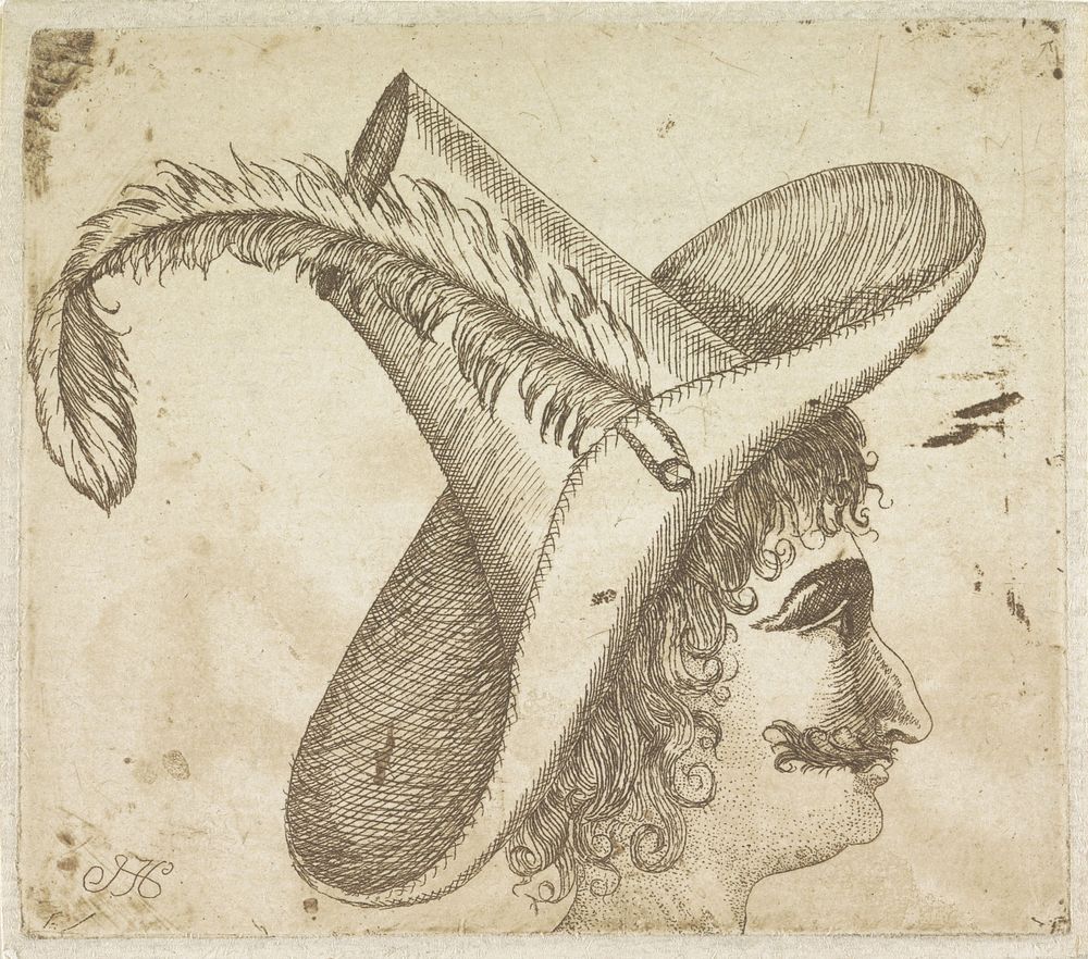 Gezicht van een man met een hoed met veer op het hoofd (1700 - 1950) by Monogrammist JH graveur