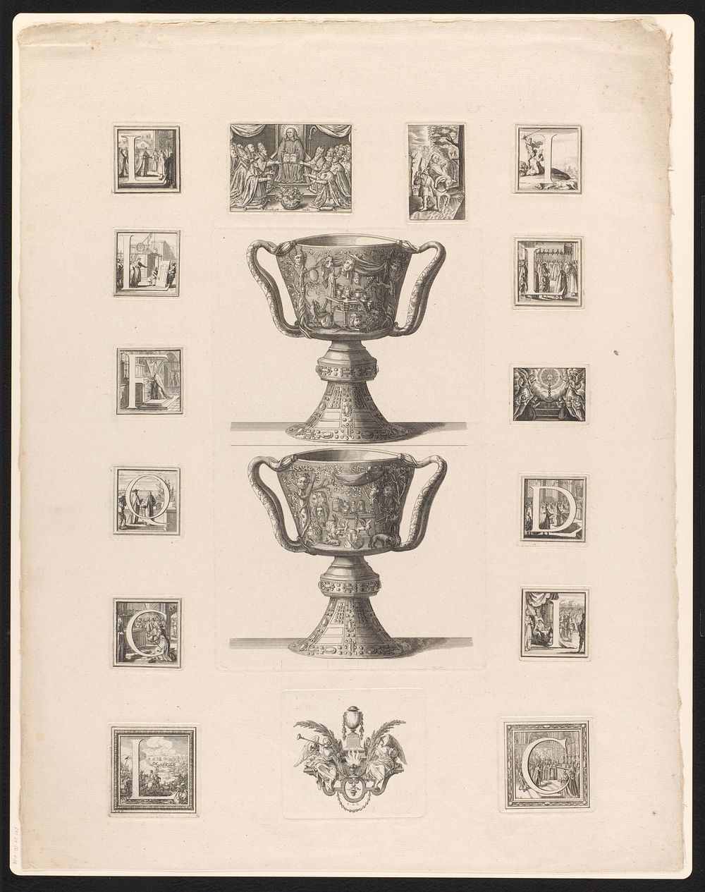 Voor- en achteraanzicht van de Coupe des Ptolémées met rondom vignetten met letters (1647 - 1714) by Sébastien Leclerc and…