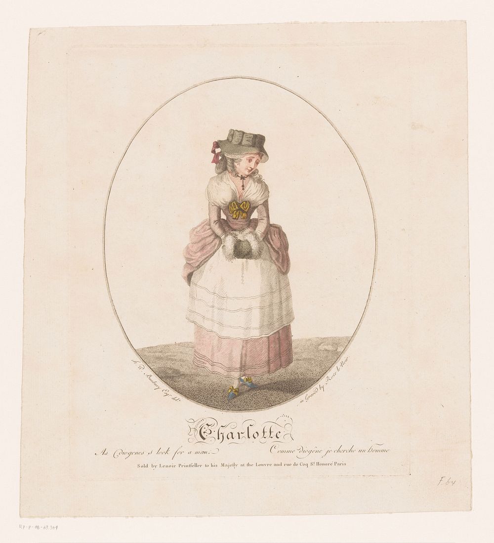 Staande vrouw met handwarmer (1700 - 1799) by Roze Lenoir, Henry William Bunbury and Roze Lenoir