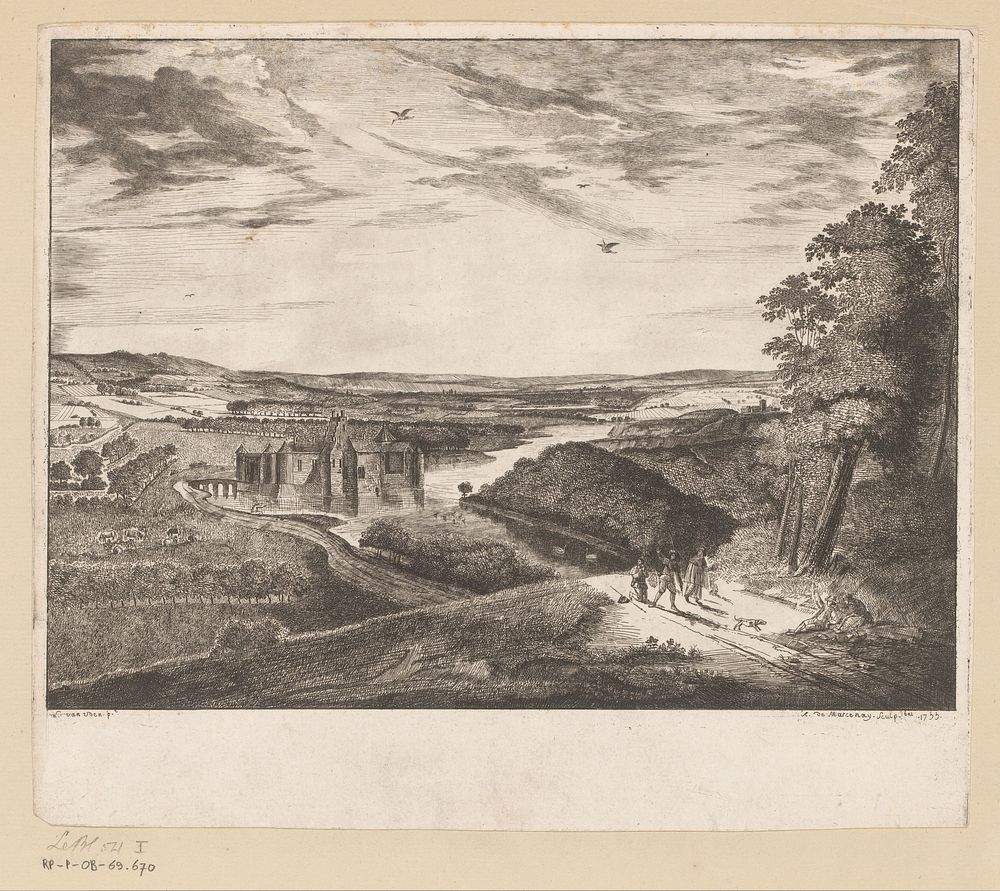 Rivierlandschap met een slot en reizigers (1755) by Antoine de Marcenay de Ghuy and Lucas van Uden