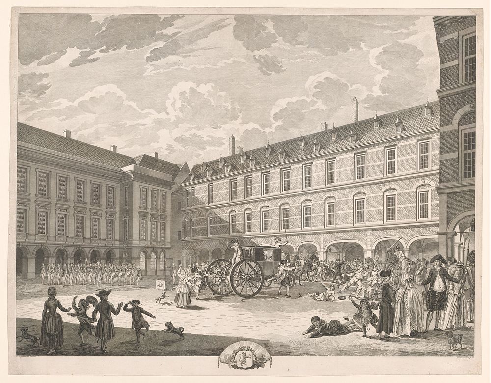 Ongeregeldheden als de Gedeputeerden van Dordrecht door de Stadhouderspoort rijden op het Binnenhof, 1786 (1790) by Daniël…