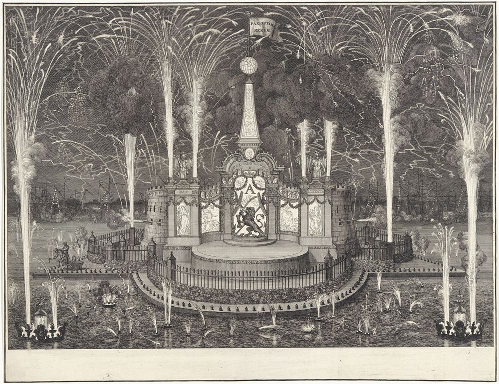 Vuurwerk bij de viering van de Vrede van Utrecht te Rotterdam, 1713 (1713) by Bernard Picart, Jan Caspar Philips and F van…