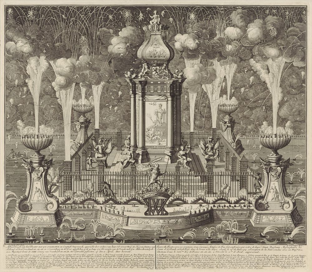 Vuurwerk bij de viering van de Vrede van Utrecht, 1713 (1713) by Daniël Stopendaal, Hendrik Pola, Anna Beeck and Staten van…