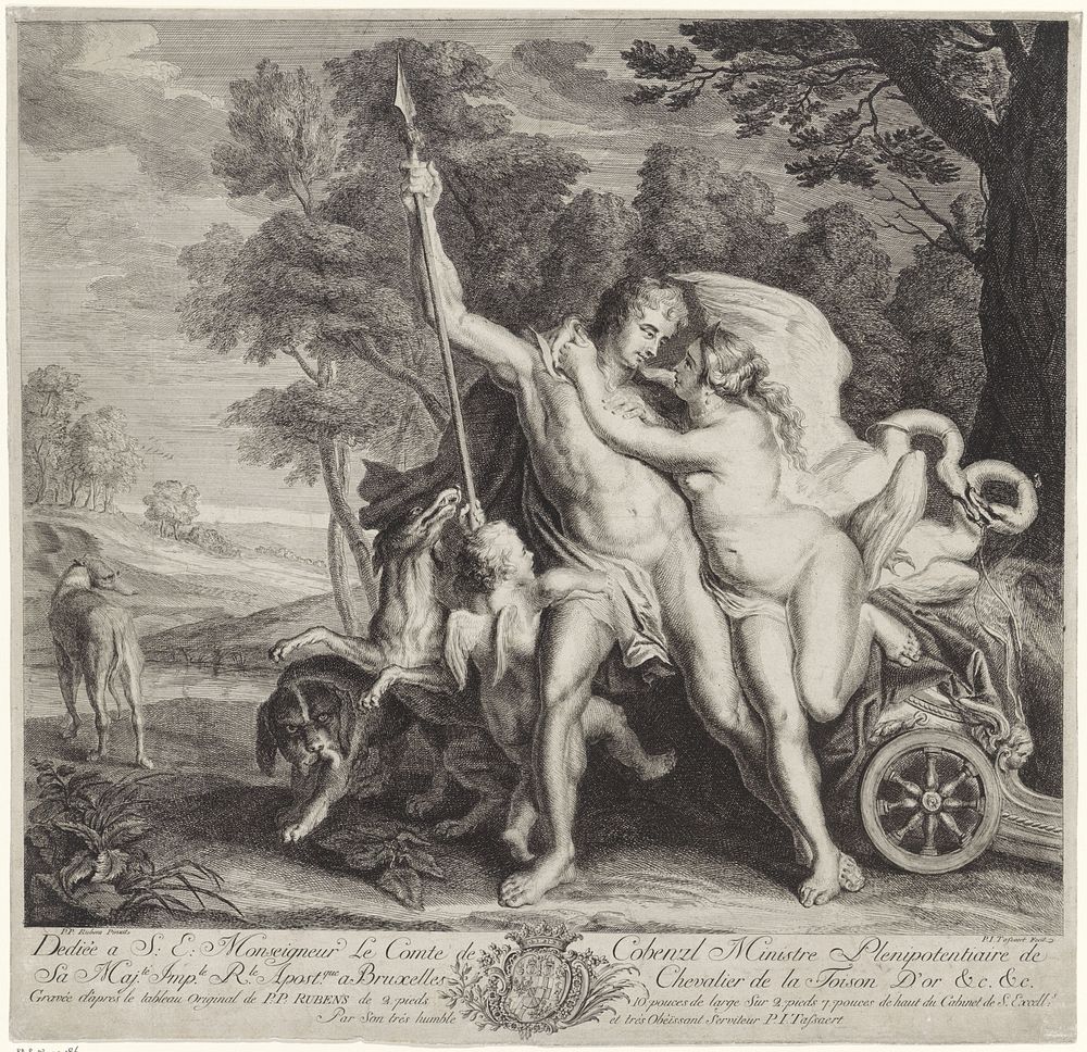 Venus probeert Adonis te weerhouden van de jacht (1753 - 1770) by Philippe Joseph Tassaert, Peter Paul Rubens, Karl Johann…