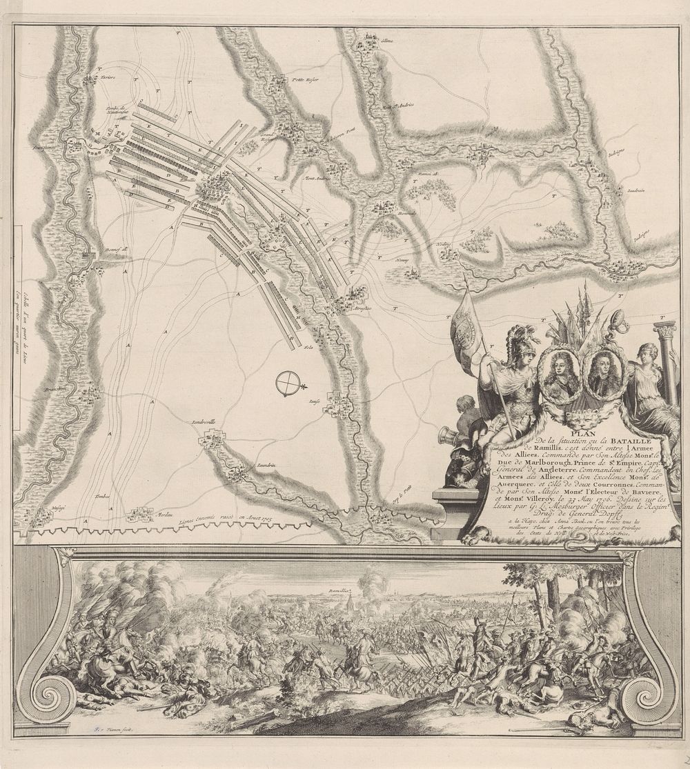 Landkaart en illustratie van de slag bij Ramillies, 1706 (1706 - 1708) by Jan van Vianen, Anna Beeck and Staten van Holland…