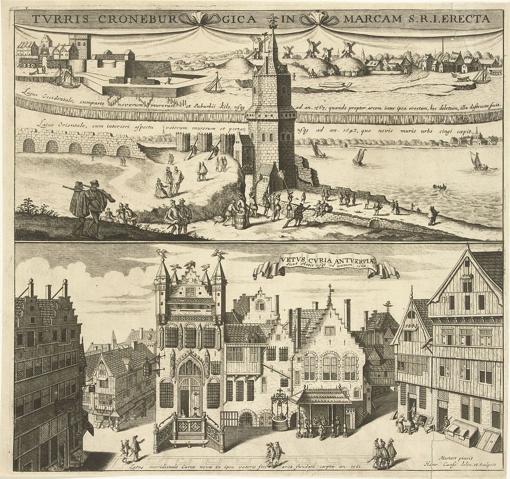 Gezicht op de Kroonenburg en het Oude stadhuis van Antwerpen (c. 1663 - 1699) by Hendrik Causé, Hendrik Causé and Mostaert