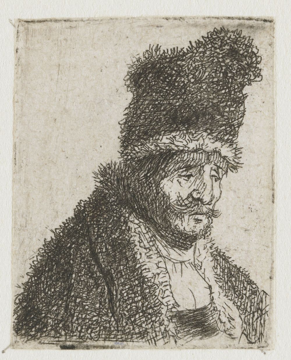 Sheet of studies of men's head: old man in fur coat and high cap (c. 1629) by Rembrandt van Rijn and Rembrandt van Rijn