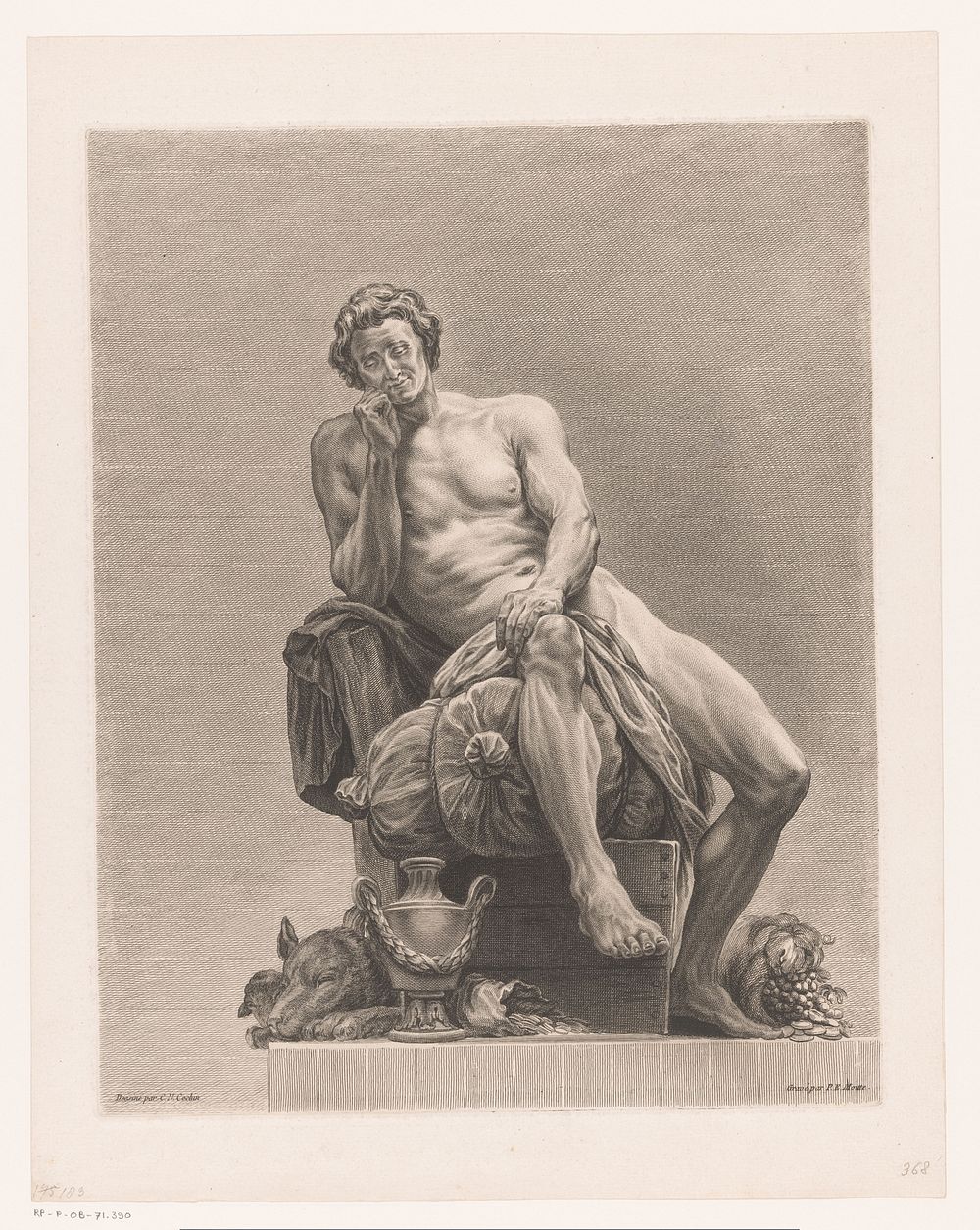 Naakte man gezeten op kist waarop gevulde zakken (1732 - 1780) by Pierre Etienne Moitte, Charles Nicolas Cochin II and…
