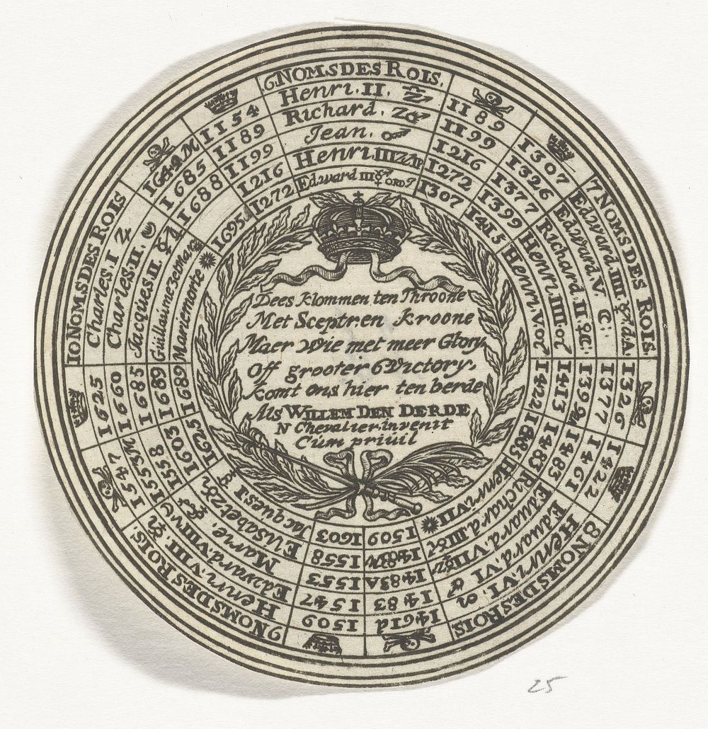 Penning met een gedicht en de namen van Engelse koningen (1685 - 1702) by anonymous and Nicolas Chevalier