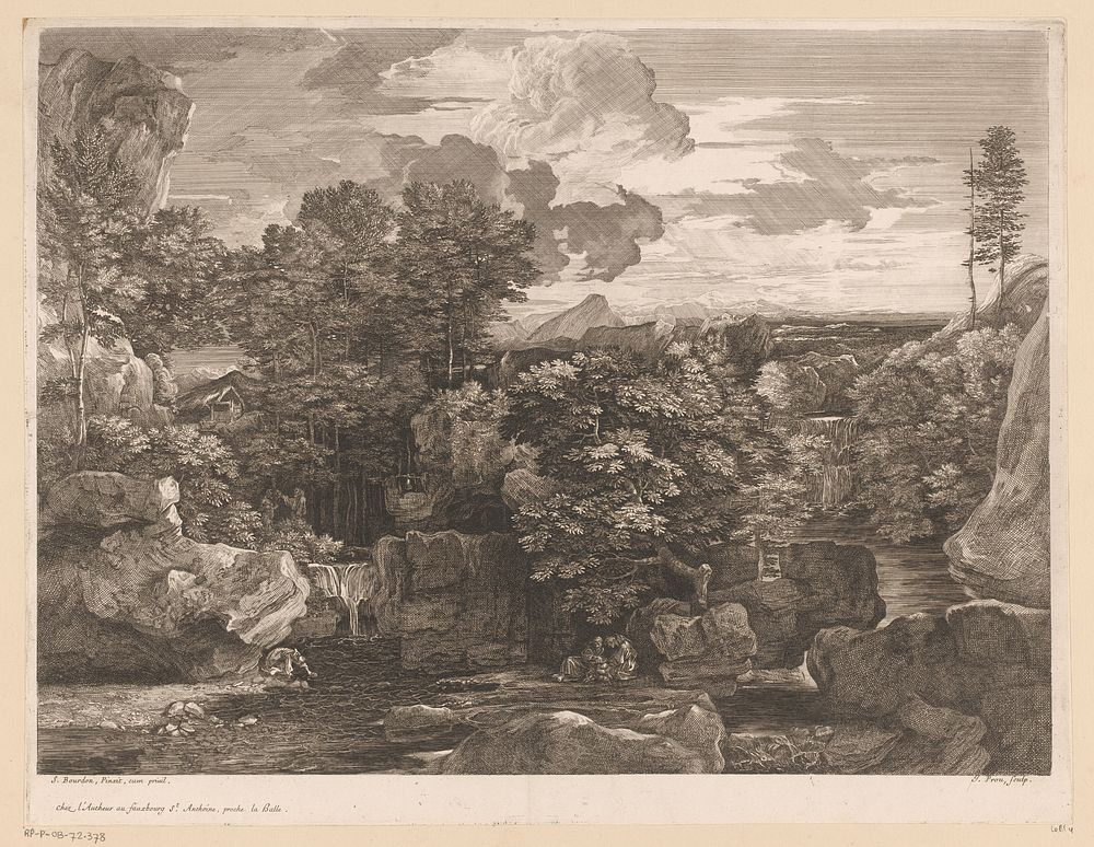 Rivierlandschap met cascades en enkele monniken (1634 - 1686) by Jacques Prou, Sébastien Bourdon, Jacques Prou and Lodewijk…