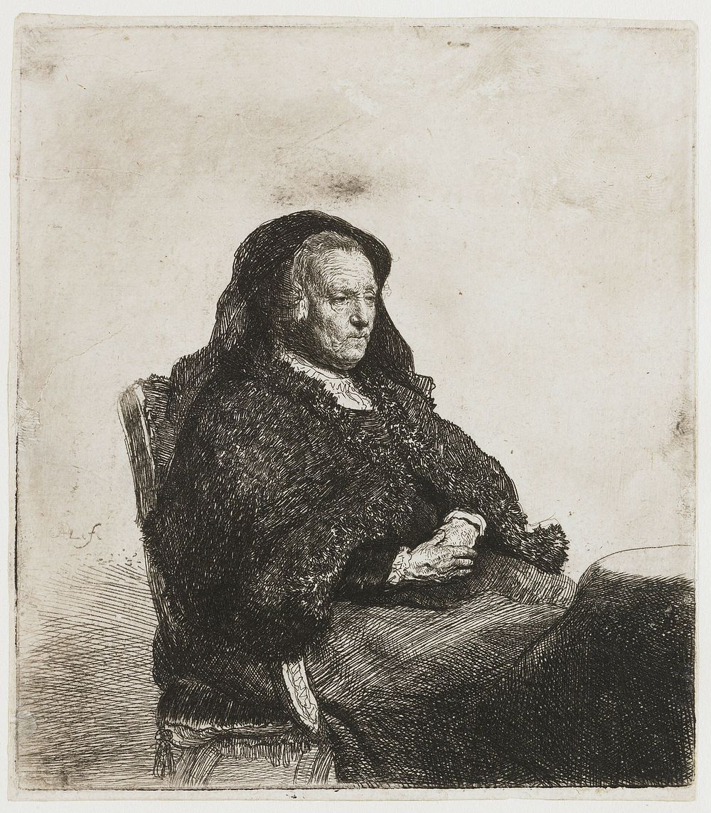 The artist's mother seated at a table, looking right: three quarter length (c. 1631) by Rembrandt van Rijn and Rembrandt van…