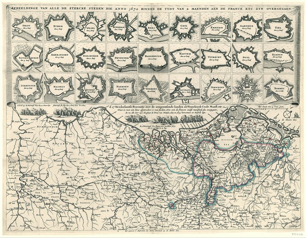 Afbeeldinge van alle de stercke steden die anno 1672 binnen de tydt van 2 maenden aen de France etc zyn overgegaen [en] d'…