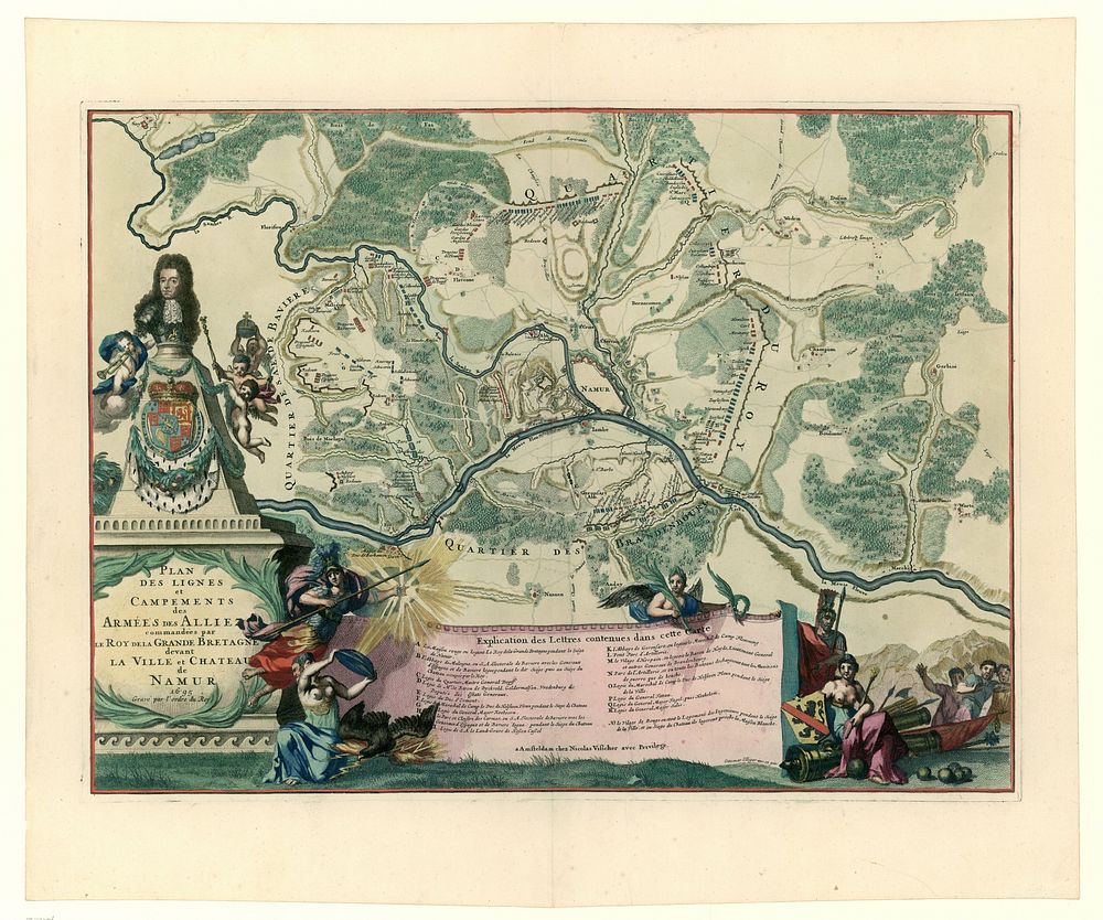 Ingekleurde kaart met de posities van de geallieerden onder Willem III bij het beleg van Namen, 1695 (1695) by anonymous…