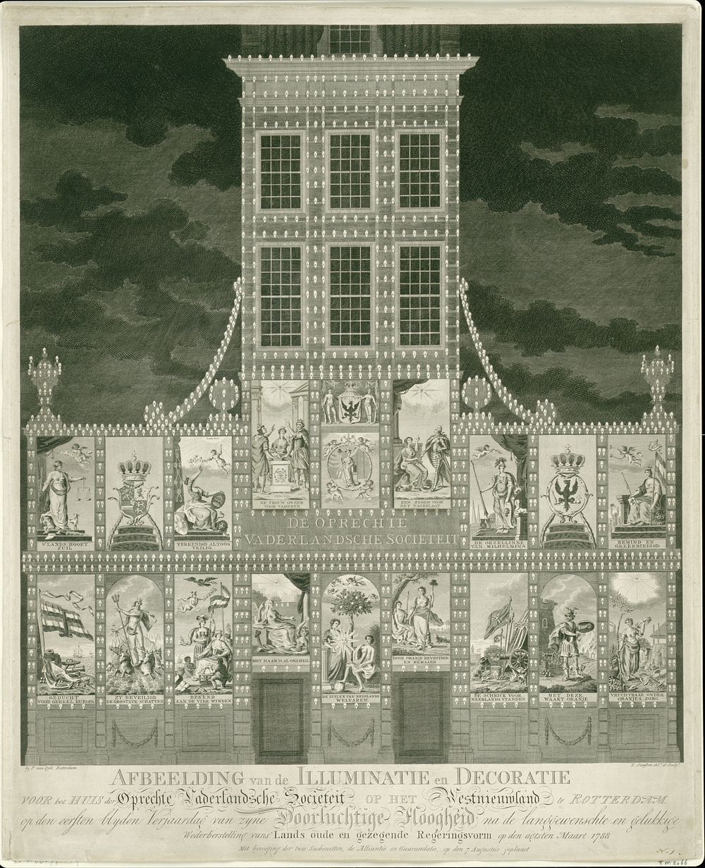 Illuminatie van het pand van de Oprechte Vaderlandsche Sociëteit op het Westnieuwland te Rotterdam, 1788 (1788) by…