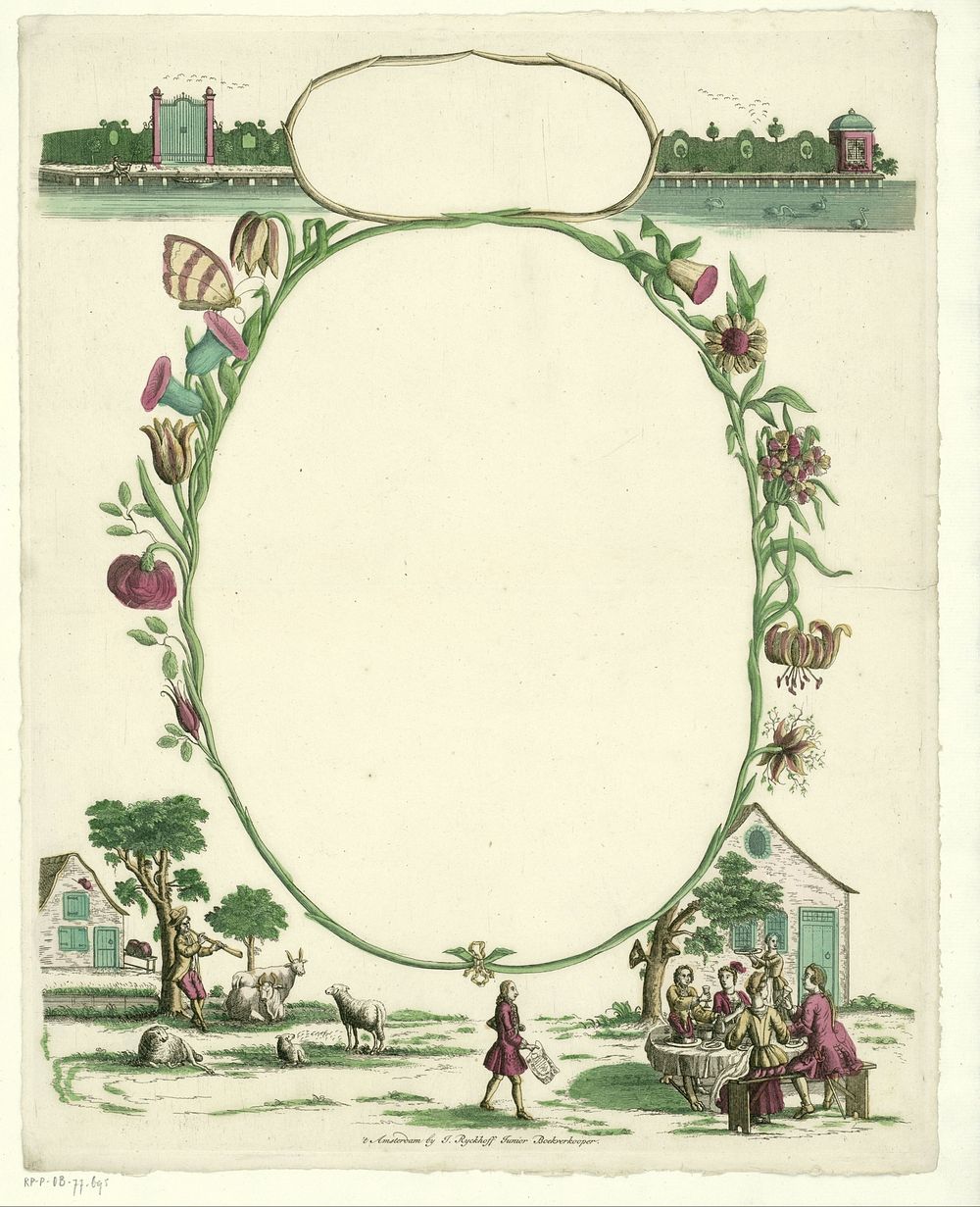 Wensbrief met een etend gezelschap in de buitenlucht en een herder (1738 - 1749) by Jacobus Rijckhoff II and anonymous