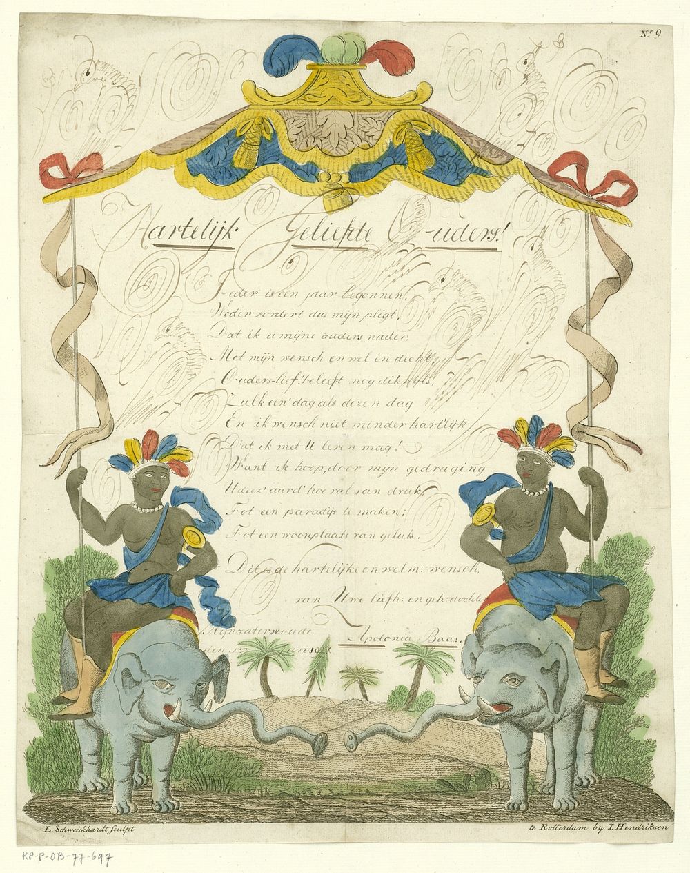 Wensbrief met zwarte mannen op olifanten (c. 1827) by Leonardus Schweickhardt and Jan Hendriksen