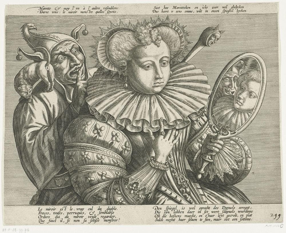 Vrouw met spiegel en nar: spotprent op de kostbare stijve plooikraag, ca. 1600 (1600 - 1624) by anonymous