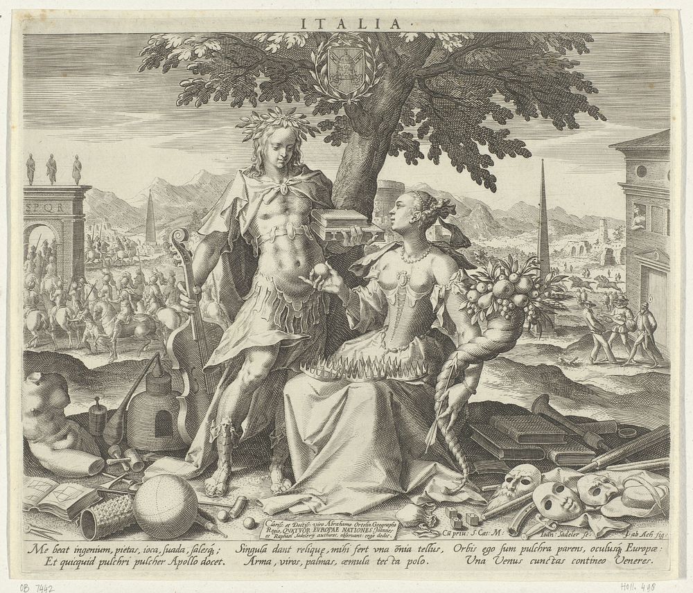 Italië, met Venus en Apollo (1588 - 1595) by Johann Sadeler I, Hans von Aachen, Johann Sadeler I, Abraham Ortelius, Johann…
