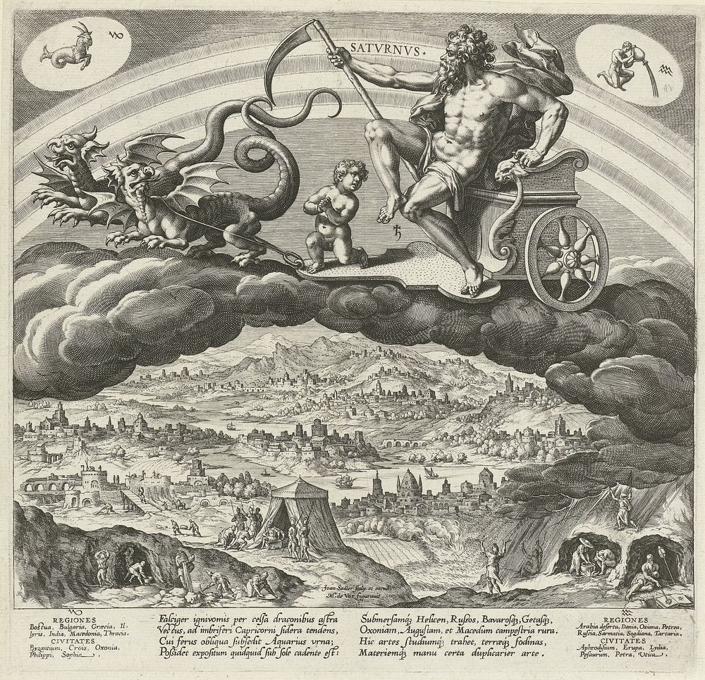 De planeet Saturnus en zijn invloed op de wereld (1585) by Johann Sadeler I, Maerten de Vos and Johann Sadeler I