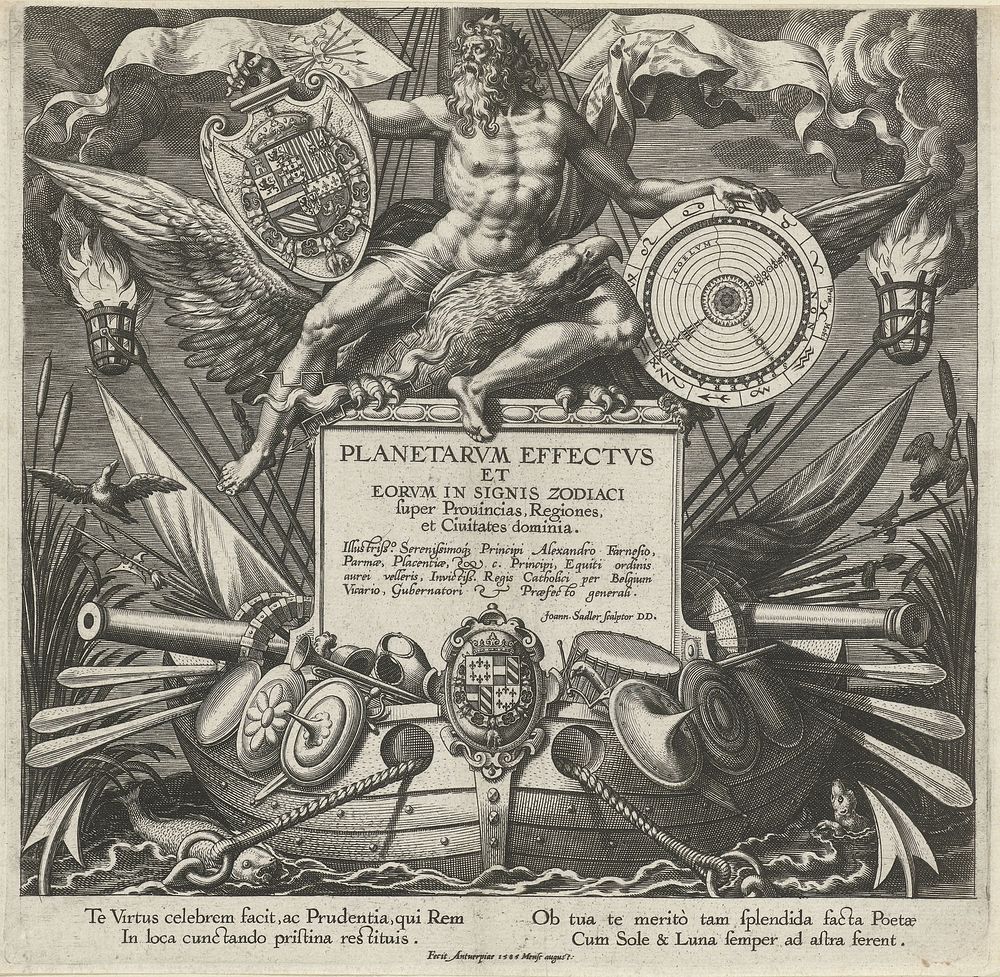 Jupiter en een oorlogsschip met het wapen van Alessandro Farnese (1585) by Johann Sadeler I, Maerten de Vos, Alessandro…