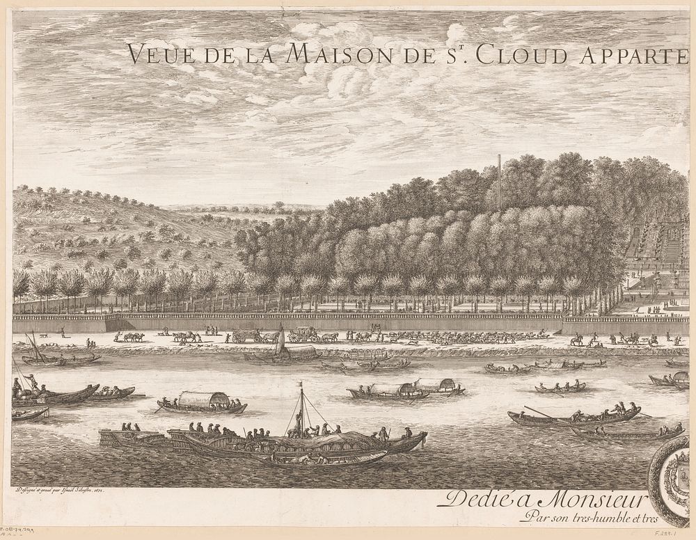 Gezicht op kasteel Saint-Cloud (linker deel) (1671) by Israël Silvestre, Fagnani, Lodewijk XIV koning van Frankrijk, Israël…
