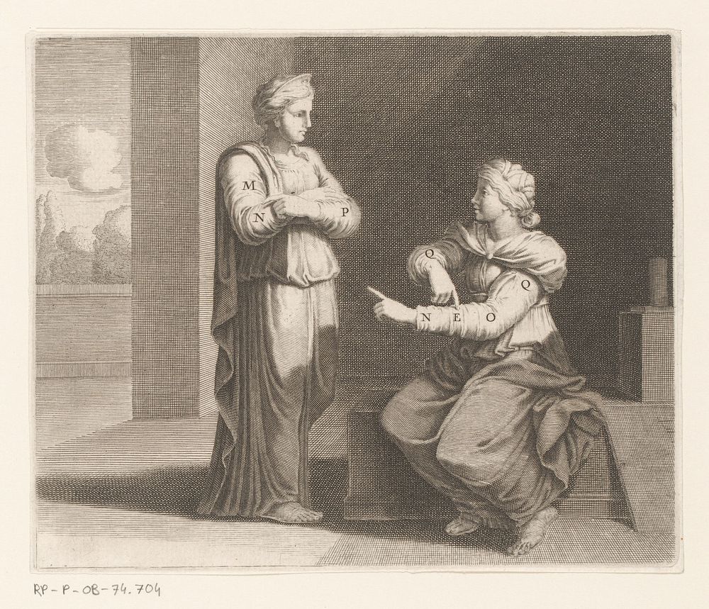 Staande en zittende vrouw wijzen op delen van hun armen (1600 - 1699) by anonymous
