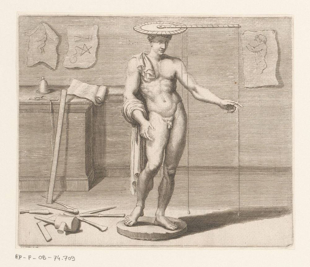 Standbeeld van naakte man met zonnewijzer op zijn hoofd (1600) by anonymous