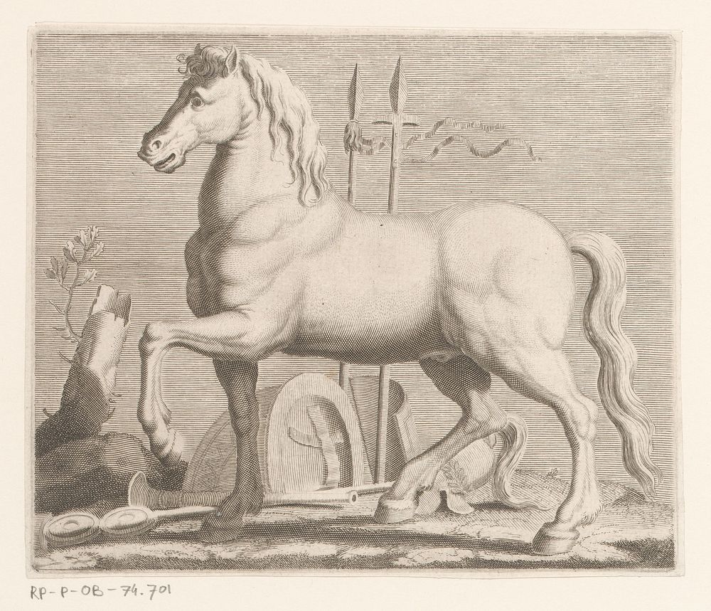 Paard voor schilden en wapens op de grond (1600 - 1699) by anonymous