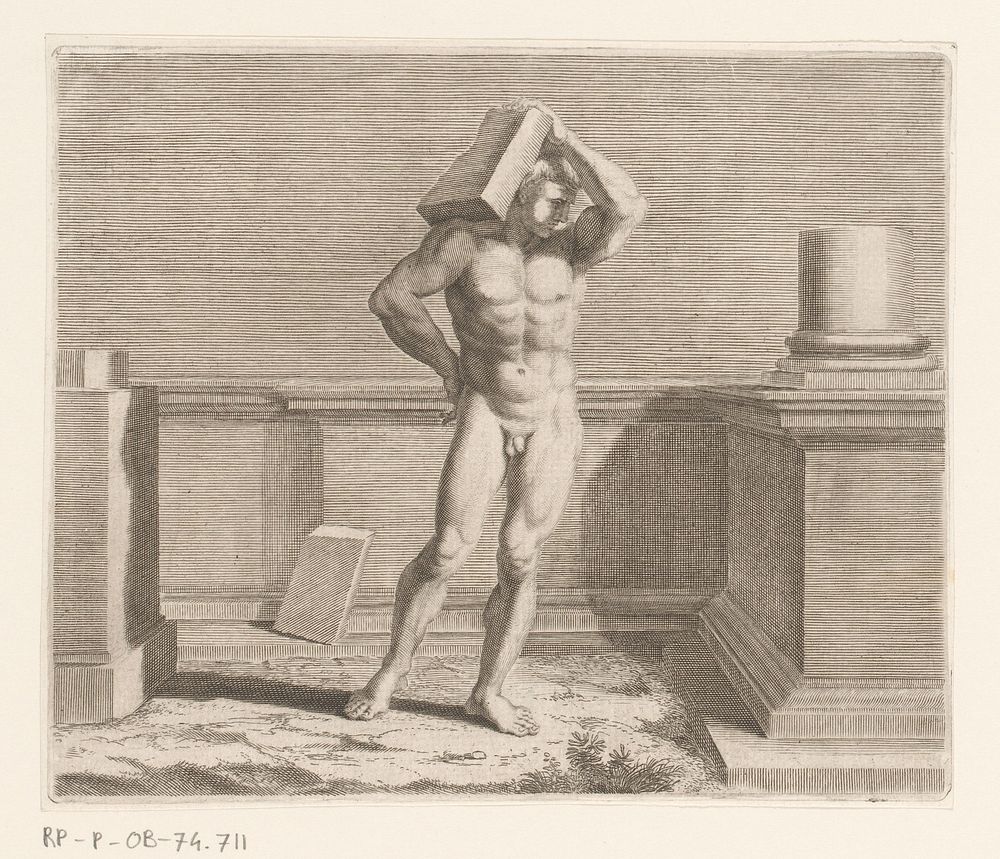 Naakte man draagt een tegel op zijn schouder (1600) by anonymous