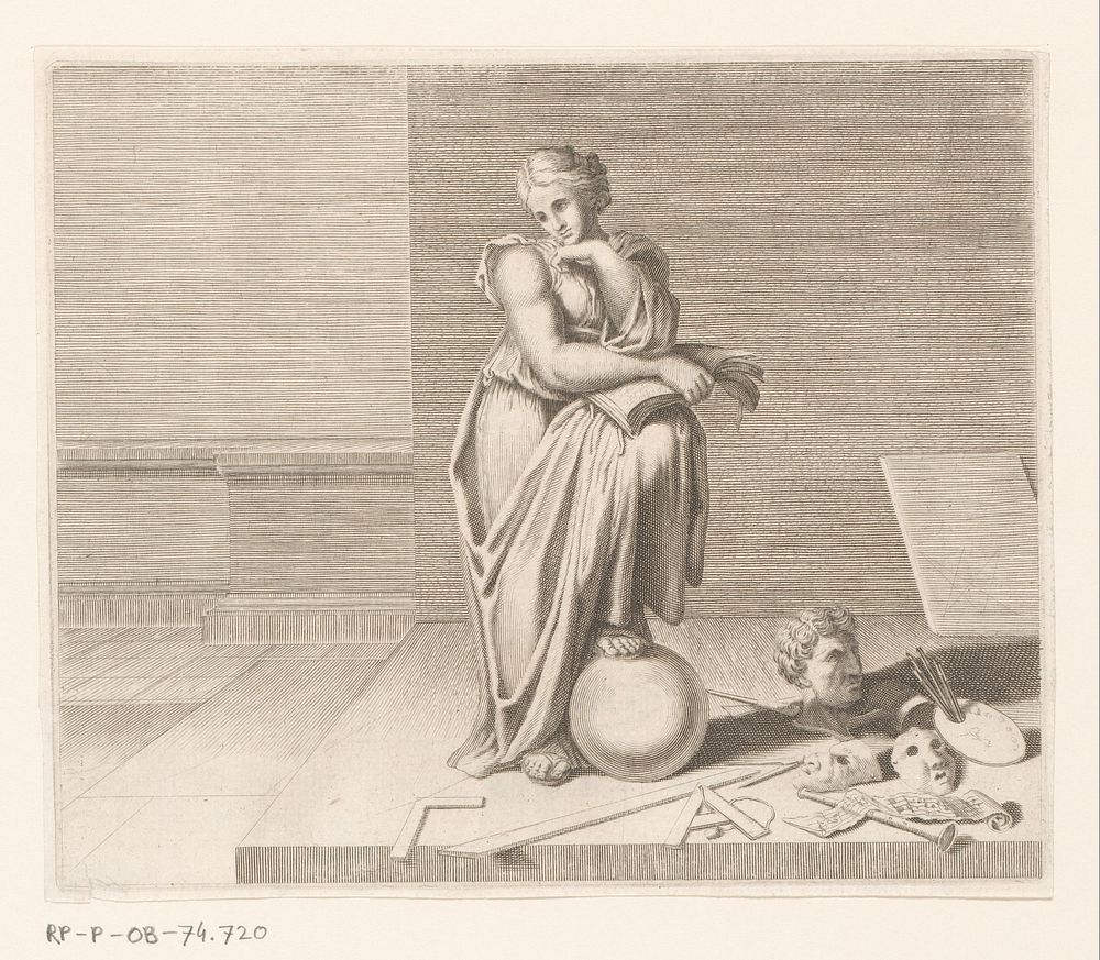 Vrouw met haar voet leunend op bol waarnaast attributen van de kunsten (1600 - 1699) by anonymous