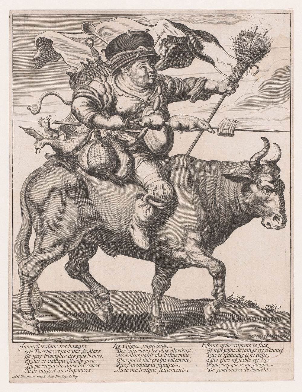 Man overladen met huisraad op rund gezeten met carnaval (1574 - 1641) by anonymous, Adriaen Pietersz van de Venne, Melchior…