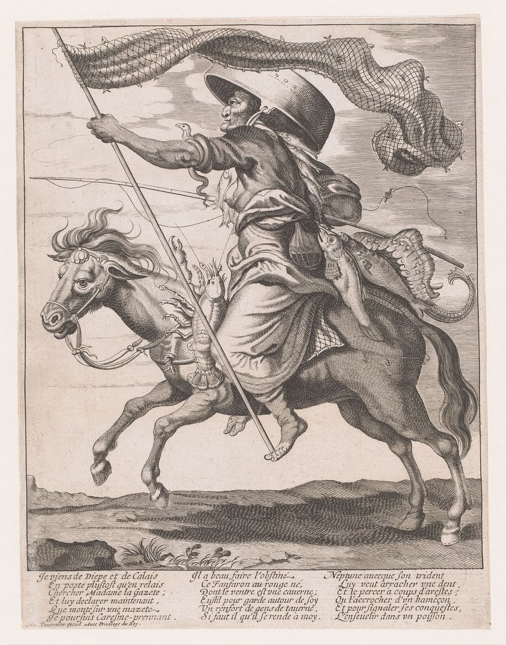 Vrouw op een paard, behangen met vissen en een visnet als vaandel met carnaval (1574 - 1641) by anonymous, Adriaen Pietersz…