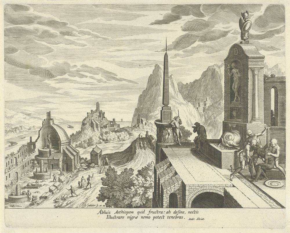 Landschap met het embleem over het wassen van een Moor (1595 - 1600) by Johann Sadeler I, Hendrick van Cleve, Andrea Alciato…