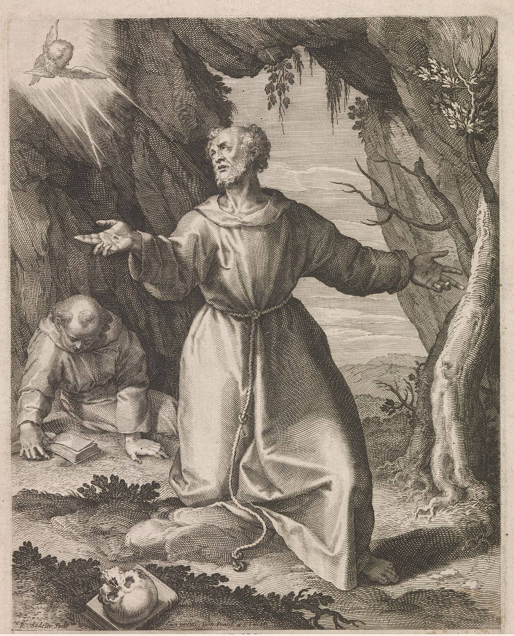 Franciscus van Assisi ontvangt de stigmata (1599) by Raphaël Sadeler I, Felice Brusasorci and Bernardo Castello