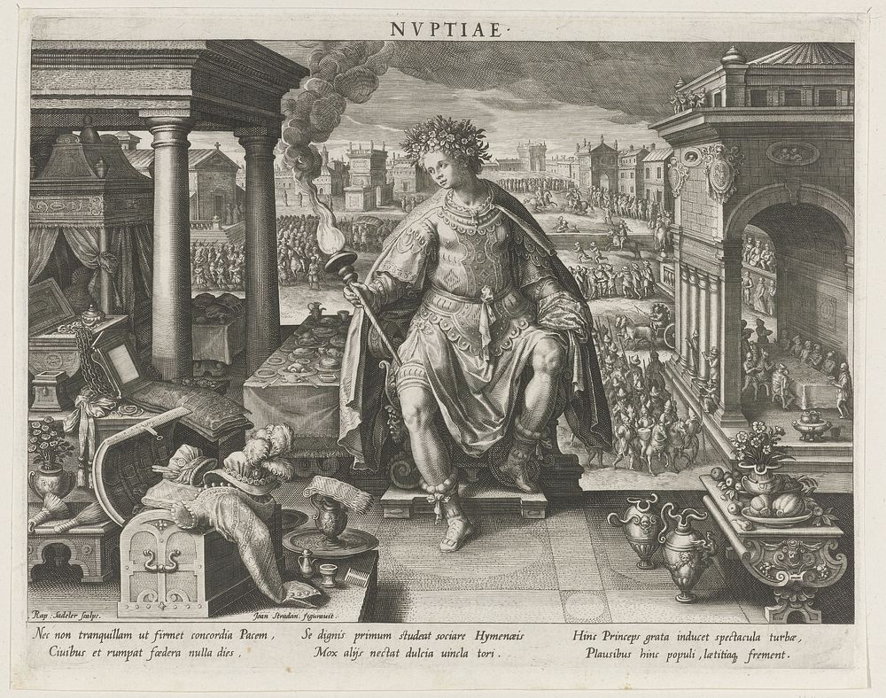 Nuptiae als personificatie van het huwelijk (1597) by Raphaël Sadeler I, Jan van der Straet, Raphaël Sadeler I and Johann…