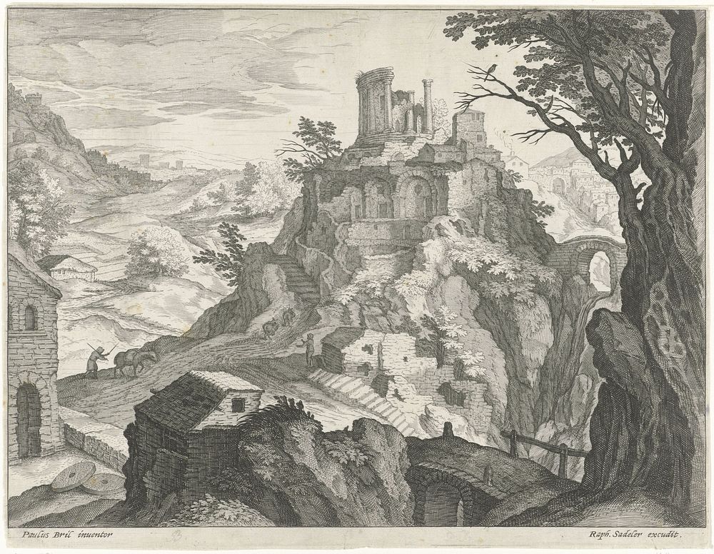 Landschap met de tempel van Vesta te Tivoli (1570 - 1632) by Raphaël Sadeler I, Paul Bril and Raphaël Sadeler I