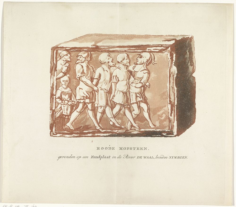 Rode tegel met afbeelding van gevangenneming van Bataven door Romeinen, gevonden in de Waal beneden Nijmegen (1800 - 1805)…
